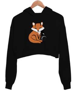 Tilki Siyah Kadın Crop Hoodie Kapüşonlu Sweatshirt