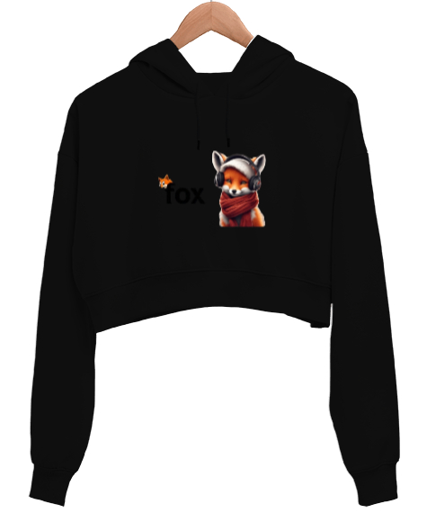 Tilki Siyah Kadın Crop Hoodie Kapüşonlu Sweatshirt - Tisho