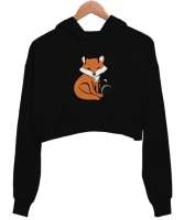 Tilki Siyah Kadın Crop Hoodie Kapüşonlu Sweatshirt - Thumbnail