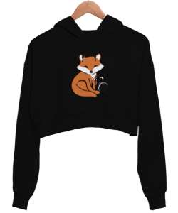 Tilki Siyah Kadın Crop Hoodie Kapüşonlu Sweatshirt