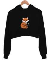 Tilki Siyah Kadın Crop Hoodie Kapüşonlu Sweatshirt - Thumbnail