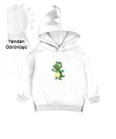 Timsah desenli çocuk kapüşonlu Beyaz Çocuk Dinozor Kapşonlu Hoodie - Thumbnail