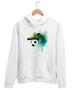 Timsah ve futbol topu tasarım baskılı Beyaz Unisex Kapşonlu Sweatshirt