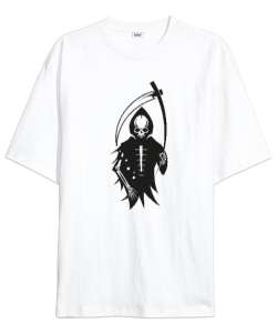 Tırpanlı İskelet - Skeleton Scythe Beyaz Oversize Unisex Tişört