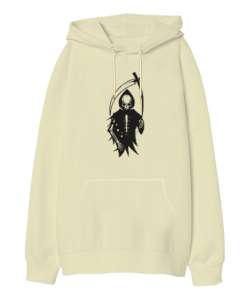 Tırpanlı İskelet - Skeleton Scythe Krem Oversize Unisex Kapüşonlu Sweatshirt