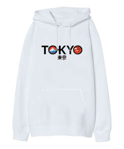 Tokyo JPN Beyaz Oversize Unisex Kapüşonlu Sweatshirt