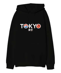 Tokyo JPN Siyah Oversize Unisex Kapüşonlu Sweatshirt