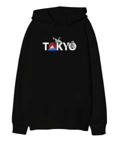 Tokyo Mountain Fuji Tasarımı Baskılı Siyah Oversize Unisex Kapüşonlu Sweatshirt