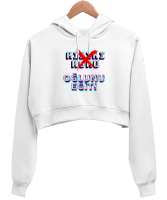 toplumsal mesaj Beyaz Kadın Crop Hoodie Kapüşonlu Sweatshirt - Thumbnail