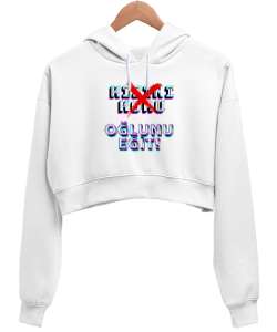 toplumsal mesaj Beyaz Kadın Crop Hoodie Kapüşonlu Sweatshirt