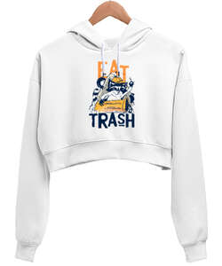 Trash Cat Beyaz Kadın Crop Hoodie Kapüşonlu Sweatshirt