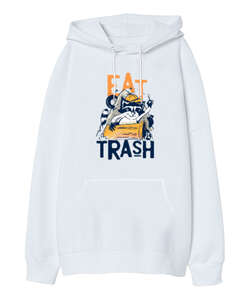 Trash Cat Beyaz Oversize Unisex Kapüşonlu Sweatshirt