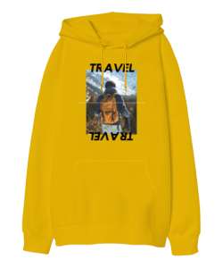 TRAVEL Sarı Oversize Unisex Kapüşonlu Sweatshirt