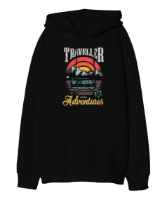 Traveller Road Adventures Tasarım Baskılı Oversize Unisex Kapüşonlu Sweatshirt