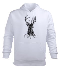 Tree Deer Beyaz Erkek Kapüşonlu Hoodie Sweatshirt