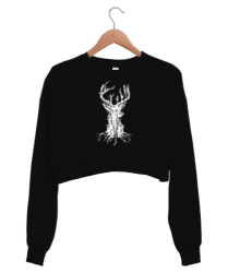 Tree Deer Siyah Kadın Crop Sweatshirt