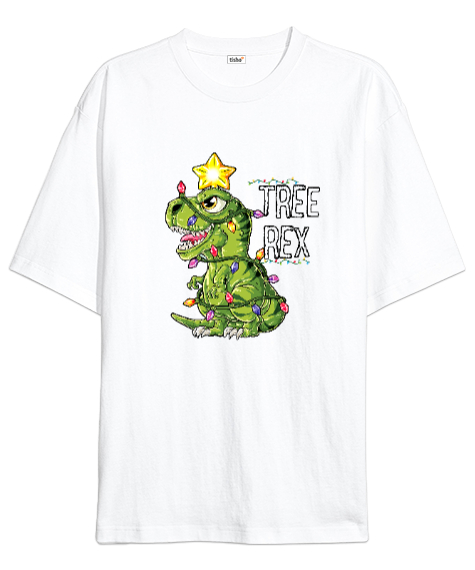 Tisho - Tree Rex - T-rex - Dinozor - Dinosaur - Yılbaşı Aydınlatma Süsleme Beyaz Oversize Unisex Tişört