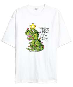 Tree Rex - T-rex - Dinozor - Dinosaur - Yılbaşı Aydınlatma Süsleme Beyaz Oversize Unisex Tişört