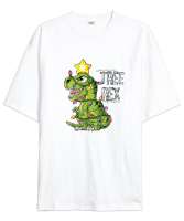 Tree Rex - T-rex - Dinozor - Dinosaur - Yılbaşı Aydınlatma Süsleme Beyaz Oversize Unisex Tişört - Thumbnail