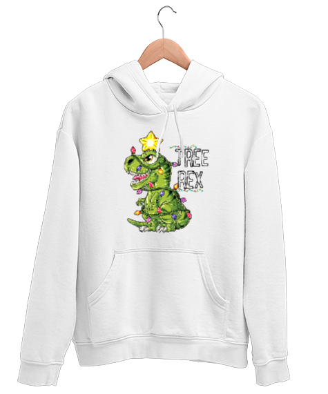 Tisho - Tree Rex - T-rex - Dinozor - Dinosaur - Yılbaşı Aydınlatma Süsleme Beyaz Unisex Kapşonlu Sweatshirt