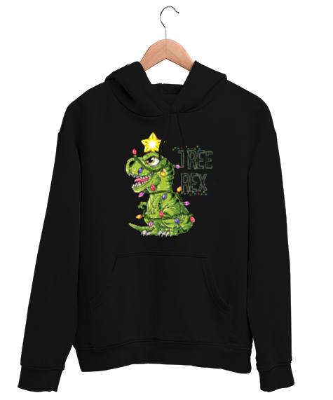 Tisho - Tree Rex - T-rex - Dinozor - Dinosaur - Yılbaşı Aydınlatma Süsleme Siyah Unisex Kapşonlu Sweatshirt