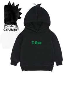 Trex Siyah Çocuk Dinozor Kapşonlu Hoodie