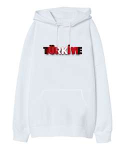 Türkiye - 3 Boyutlu Beyaz Oversize Unisex Kapüşonlu Sweatshirt