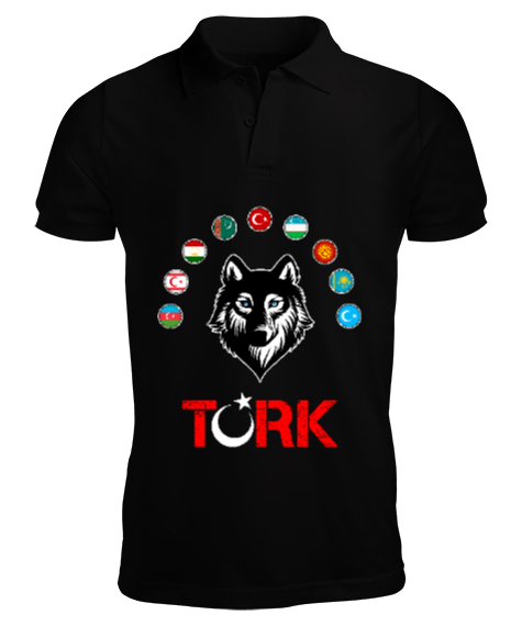 Tisho - Türkiye,Turan,Göktürk,Azerbaycan,Kazakistan,Türkmenistan,Tacikistan,Özbekistan,Kyrgyzstan. Siyah Erkek Kısa Kol Polo Yaka