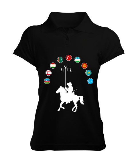 Tisho - Türkiye,Turan,Göktürk,Azerbaycan,Kazakistan,Türkmenistan,Tacikistan,Özbekistan,Kyrgyzstan. Siyah Kadın Polo Yaka Tişört