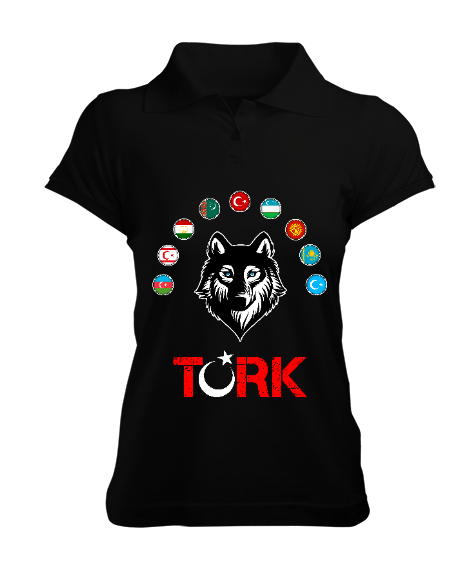 Tisho - Türkiye,Turan,Göktürk,Azerbaycan,Kazakistan,Türkmenistan,Tacikistan,Özbekistan,Kyrgyzstan. Siyah Kadın Polo Yaka Tişört