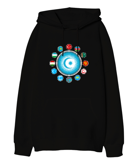 Tisho - Türkiye,Turan,Göktürk,Azerbaycan,Kazakistan,Türkmenistan,Tacikistan,Özbekistan,Kyrgyzstan. Siyah Oversize Unisex Kapüşonlu Sweatshirt