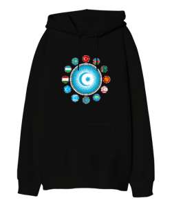 Türkiye,Turan,Göktürk,Azerbaycan,Kazakistan,Türkmenistan,Tacikistan,Özbekistan,Kyrgyzstan. Siyah Oversize Unisex Kapüşonlu Sweatshirt