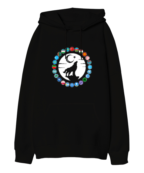 Tisho - Türkiye,Turan,Göktürk,Azerbaycan,Kazakistan,Türkmenistan,Tacikistan,Özbekistan,Kyrgyzstan. Siyah Oversize Unisex Kapüşonlu Sweatshirt