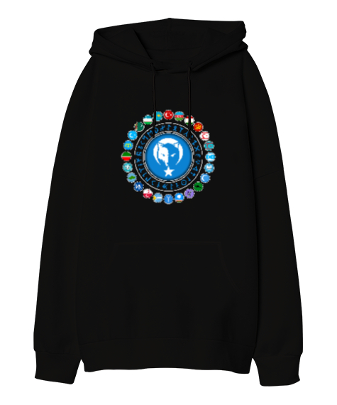 Tisho - Türkiye,Turan,Göktürk,Azerbaycan,Kazakistan,Türkmenistan,Tacikistan,Özbekistan,Kyrgyzstan. Siyah Oversize Unisex Kapüşonlu Sweatshirt