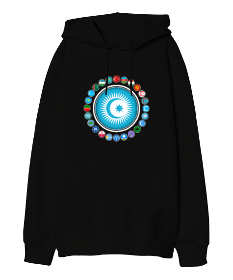 Tisho - Türkiye,Turan,Göktürk,Azerbaycan,Kazakistan,Türkmenistan,Tacikistan,Özbekistan,Kyrgyzstan. Siyah Oversize Unisex Kapüşonlu Sweatshirt