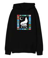 Türkiye,Turan,Göktürk,Azerbaycan,Kazakistan,Türkmenistan,Tacikistan,Özbekistan,Kyrgyzstan. Siyah Oversize Unisex Kapüşonlu Sweatshirt - Thumbnail