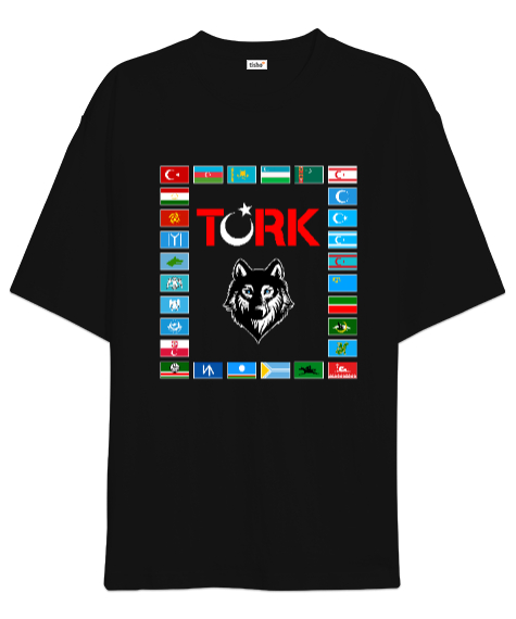 Tisho - Türkiye,Turan,Göktürk,Azerbaycan,Kazakistan,Türkmenistan,Tacikistan,Özbekistan,Kyrgyzstan. Siyah Oversize Unisex Tişört