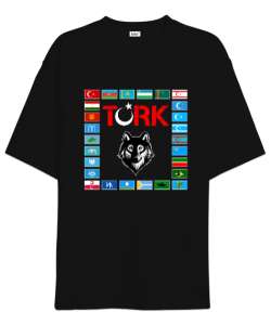 Türkiye,Turan,Göktürk,Azerbaycan,Kazakistan,Türkmenistan,Tacikistan,Özbekistan,Kyrgyzstan. Siyah Oversize Unisex Tişört