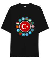 Türkiye,Turan,Göktürk,Azerbaycan,Kazakistan,Türkmenistan,Tacikistan,Özbekistan,Kyrgyzstan. Siyah Oversize Unisex Tişört - Thumbnail