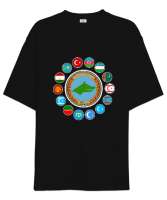 Türkiye,Turan,Göktürk,Azerbaycan,Kazakistan,Türkmenistan,Tacikistan,Özbekistan,Kyrgyzstan. Siyah Oversize Unisex Tişört - Thumbnail