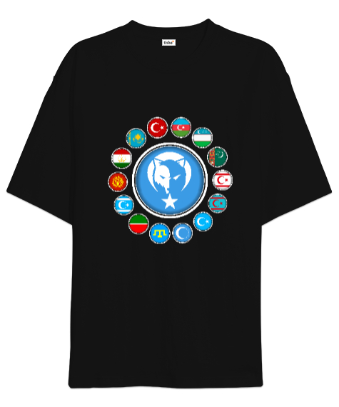 Tisho - Türkiye,Turan,Göktürk,Azerbaycan,Kazakistan,Türkmenistan,Tacikistan,Özbekistan,Kyrgyzstan. Siyah Oversize Unisex Tişört