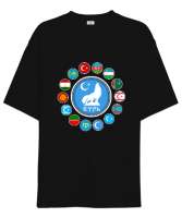 Türkiye,Turan,Göktürk,Azerbaycan,Kazakistan,Türkmenistan,Tacikistan,Özbekistan,Kyrgyzstan. Siyah Oversize Unisex Tişört - Thumbnail