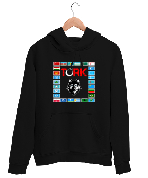 Tisho - Türkiye,Turan,Göktürk,Azerbaycan,Kazakistan,Türkmenistan,Tacikistan,Özbekistan,Kyrgyzstan. Siyah Unisex Kapşonlu Sweatshirt