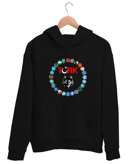 Tisho - Türkiye,Turan,Göktürk,Azerbaycan,Kazakistan,Türkmenistan,Tacikistan,Özbekistan,Kyrgyzstan. Siyah Unisex Kapşonlu Sweatshirt