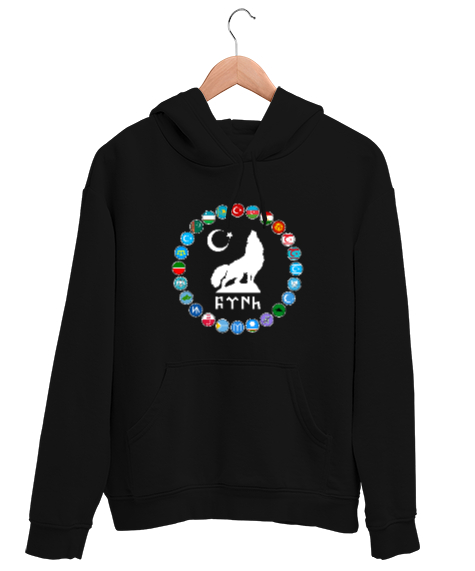 Tisho - Türkiye,Turan,Göktürk,Azerbaycan,Kazakistan,Türkmenistan,Tacikistan,Özbekistan,Kyrgyzstan. Siyah Unisex Kapşonlu Sweatshirt