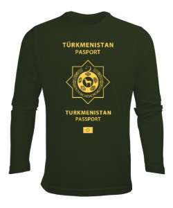 Türkmenistan,Turkmenistan,Türkmenistan Bayrağı,Türkmenistan logosu,Turkmenistan flag. Haki Yeşili Erkek Uzun Kol Yazlık Tişört