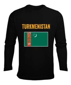 Türkmenistan,Turkmenistan,Türkmenistan Bayrağı,Türkmenistan logosu,Turkmenistan flag. Siyah Erkek Uzun Kol Yazlık Tişört