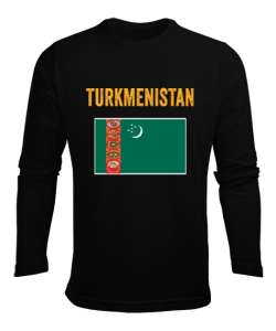 Türkmenistan,Turkmenistan,Türkmenistan Bayrağı,Türkmenistan logosu,Turkmenistan flag. Siyah Erkek Uzun Kol Yazlık Tişört