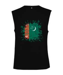 Türkmenistan,Turkmenistan,Türkmenistan Bayrağı,Türkmenistan logosu,Turkmenistan flag. Siyah Kesik Kol Unisex Tişört