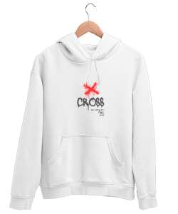 Turuncu cross detaylı Beyaz Unisex Kapşonlu Sweatshirt